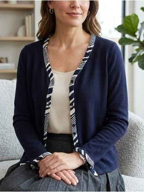 Liz Claiborne Navy Cardigan with Navy-and-White Trim